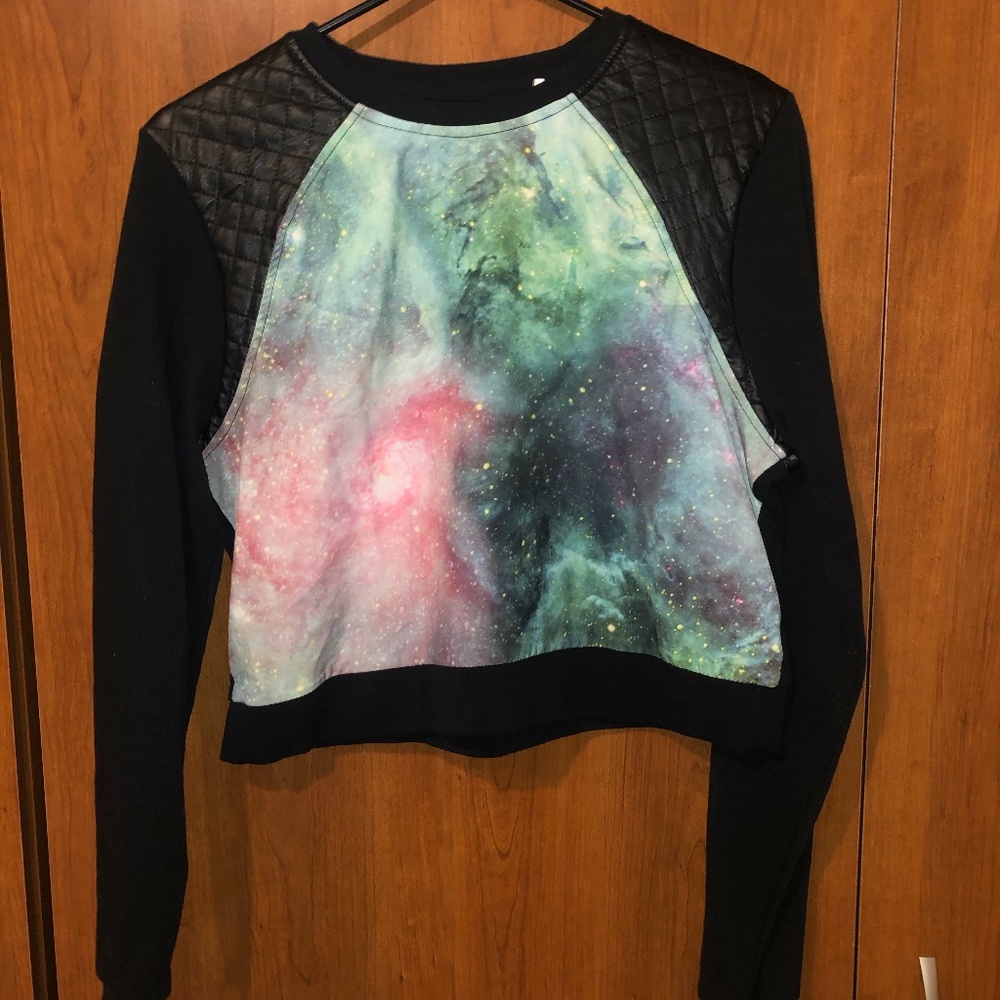 Galaxy crop sweater with faux leather detail